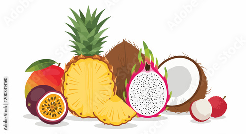 Flat lay illustration of assorted tropical fruits including pineapple, coconut, dragon fruit, passionfruit, and apple on a white background.