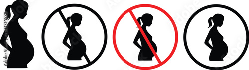 Pregnant Woman Silhouette and Forbidden Warning Sign Vector Icon Set