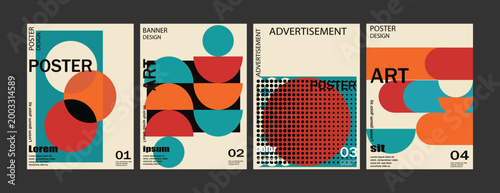 Fotografie A set of four abstract posters postmodern and Bauhaus design featuring bold geometric shapes and vibrant color