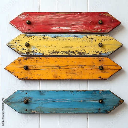 Vibrant Directional Signs: A rustic arrangement of four colorful directional signs, each bearing a unique hue and aged texture. This image celebrates the charm of weathered wood.