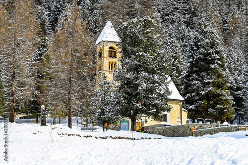 Pontresina, Sta. Maria, Kirche, Santa Maria, Engadiner Dorf, Oberengadin, Engadin, Alpen, Graubünden, Wanderweg, Steinbock, Winter, Wintersport, Langlauf, Schweiz