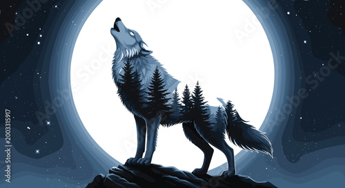 Majestic howling wolf silhouette against full moon night sky featuring double exposure pine forest evergreen trees mountain peak wilderness landscape digital art vector illustration