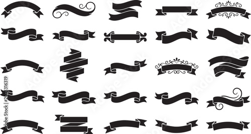 Decorative ribbon and banner silhouette set featuring various curved wavy and vintage label shapes for titles and headings isolated on white background vector collection