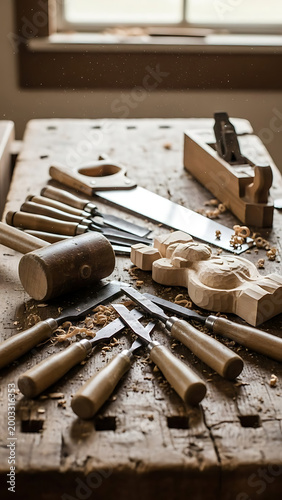 Woodworking tools scattered on a rustic workbench near a window, capturing a moment of craftsmanship in a cozy workshop.