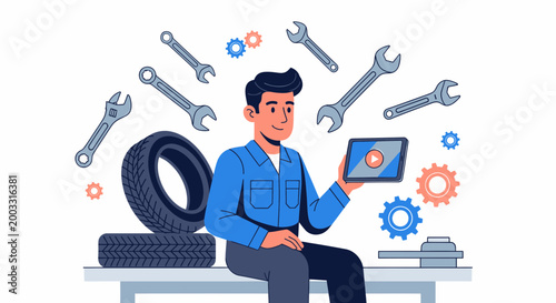Mechanic holds a tablet displaying automotive repair tutorials while surrounded by floating tires and wrenches.