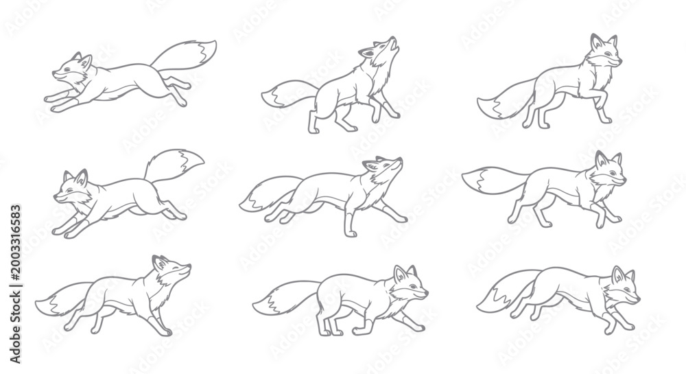Fototapeta premium Fox Line Art Illustration Set with Various Poses on White Background