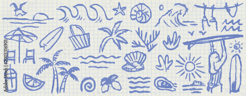 Blue Seaside Summer Vacation Doodle Collection beach
