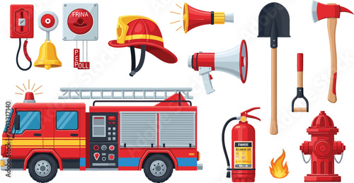 Set of firefighting equipment and emergency response icons featuring a red fire truck, extinguisher, hydrant, axe, helmet, megaphone, and alarm isolated on white background for safety and educational 