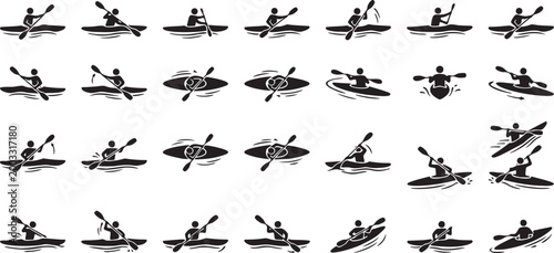 Kayaking Stroke Techniques Icon Set – Solo Paddler Motion Silhouettes.