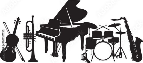 Musical instruments silhouette set featuring grand piano drums violin trumpet and saxophone isolated on white background for classical and jazz music vector design