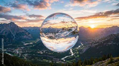 Crystal ball reflecting a serene mountain landscape at sunset with a river flowing through