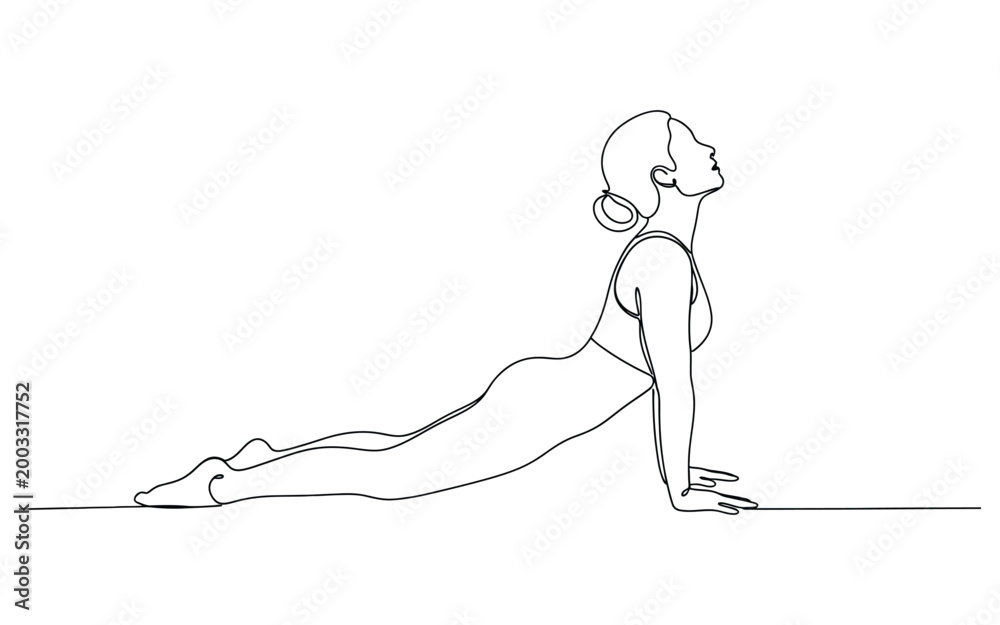 Fototapeta premium Woman doing yoga cobra pose in a continuous single line drawing art style