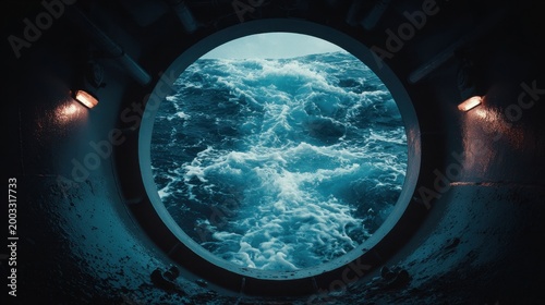 Circular porthole window on a ship's hull revealing turbulent ocean waves and foam in shades of blue