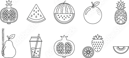 Tropical fruit outline vector set including watermelon pineapple orange pomegranate strawberry pear juice and citrus icons