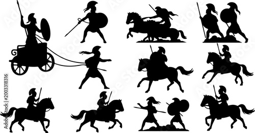 Ancient Greek Warrior Silhouette Set – Spartan, Horse Rider, Chariot and Battle Vector Bundle