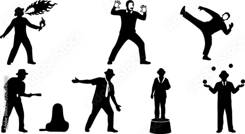 People Action Pose Silhouette Set – Performer, Dancer, Fighter and Juggler Vector Bundle