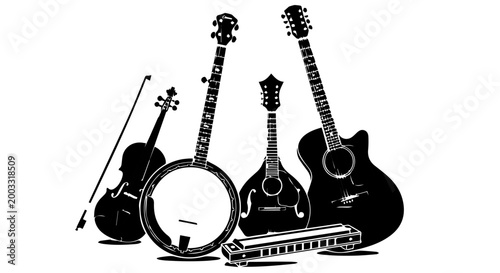 Tableau sur toile Folk Music Instrument Silhouette Set – Guitar, Banjo, Violin, Mandolin and Harm
