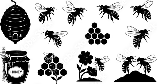  Bee and Honey Silhouette Set – Honeybee, Hive, Honeycomb and Flower Vector Bundle