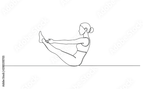 Woman performing boat yoga pose in a continuous single line drawing art style