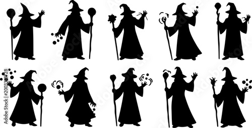 Wizard Silhouette Bundle – Fantasy Sorcerer and Magician with Staff Vector Set