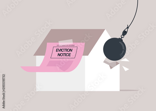A striking visual portrays a white house under the threat of a wrecking ball, with an eviction notice prominently displayed, symbolizing change and displacement in the community.