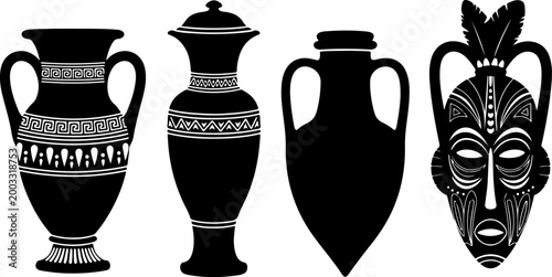 Ancient Greek Vase and African Tribal Mask Silhouette Set – Antique Pottery Vector Bundle
