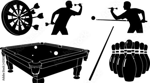 Indoor Bar Games Silhouette Set – Darts, Billiards, Pool Table and Bowling Vector Bundle