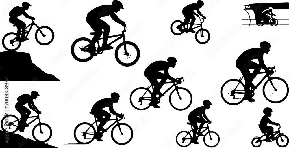Fototapeta premium Cycling Silhouette Bundle – BMX, Mountain Bike & Road Cyclist Vector Set