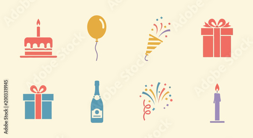 Slika na platnu Collection of colorful celebratory icons including birthday cake, balloon, gift