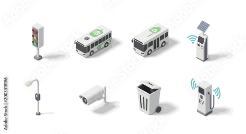 Collection of urban technology and smart city icons, including electric buses, traffic lights, and charging stations
