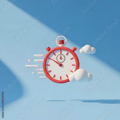 Red stopwatch with white face and clouds on blue background with motion lines  symbolizing speed and urgency in a dreamy atmosphere