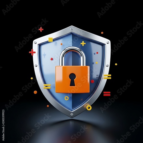 Security shield with orange lock and colorful symbols on blue metallic background  protection and safety concept