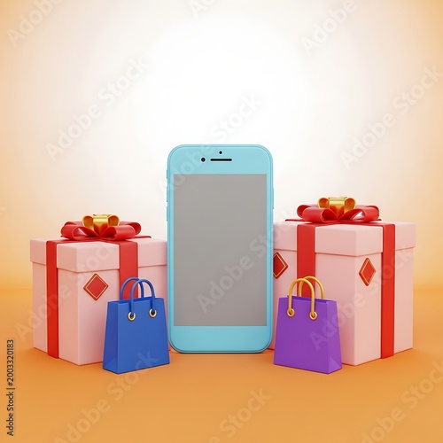 Smartphone surrounded by gift boxes and shopping bags for online shopping and ecommerce concept  holiday gift ideas and mobile commerce