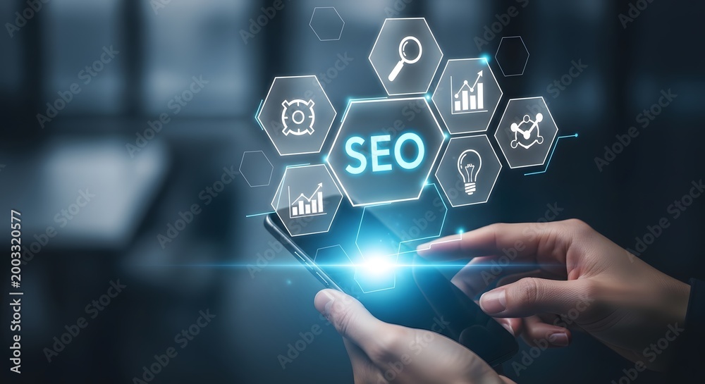Naklejka premium Digital marketing and seo concept hand interacting with holographic interface
