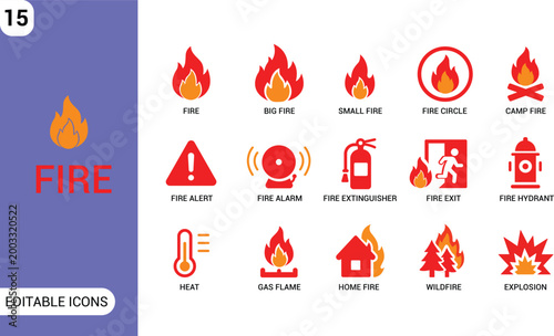 Fire Icon Set. Fire Safety, Alarm, Emergency, Flame, Extinguisher and Hazard Editable Vector Icons Collection