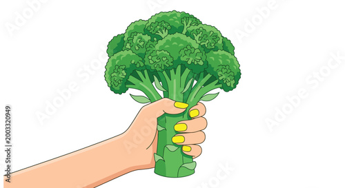 Hand holding a bunch of green broccoli cartoon illustration