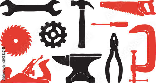 A collection of essential workshop tools and metalwork equipment rendered in a stylized graphic illustration