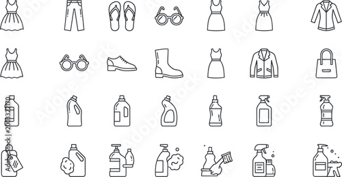Clothing and cleaning products vector set featuring apparel footwear accessories and household detergent spray bottle icons