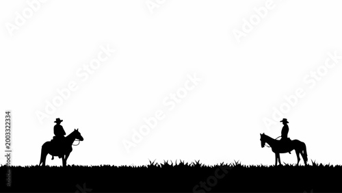 Two cowboy silhouettes on horseback are positioned facing each other across a vast, empty grassy field under a bright white sky, suggesting a standoff or meeting.