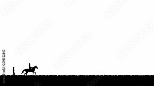 A cowboy silhouette on horseback is accompanied by a standing cowboy silhouette on foot, walking together across a dark grassy field under a bright white sky.