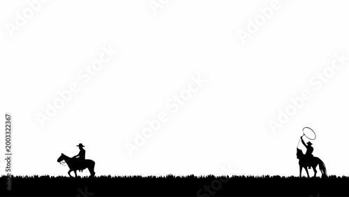 Two cowboy silhouettes are positioned apart in a grassy field, one riding a horse and the other holding a lasso, creating a dynamic western scene under a white sky.