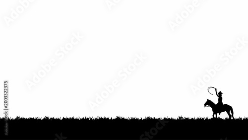 A cowboy silhouette on horseback raises a lasso high against a plain white sky, showcasing an iconic western pose of readiness and skill in a minimalist setting.