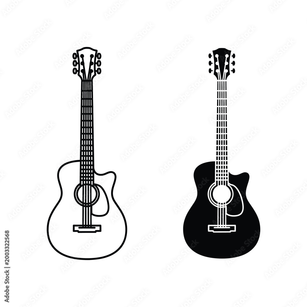 Naklejka premium Black and white acoustic guitars comparison illustration
