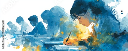 Classroom journalism resources . Watercolor illustration of students writing in classroom, highlighting education, focus, academic learning, exams, and modern study environment.