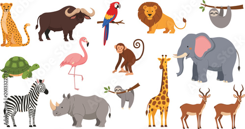 Safari Animal Set with Lion, Elephant, Giraffe, Rhino, Monkey, Parrot, Sloth, Zebra, and More Wildlife Vector Illustration