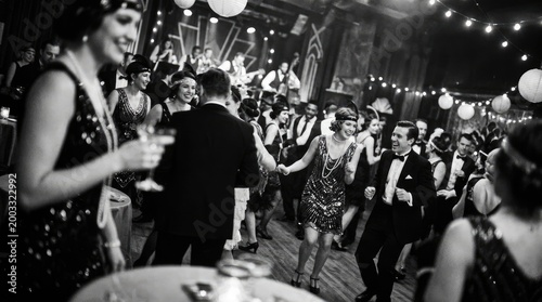 1920s flapper party with dancing and live music