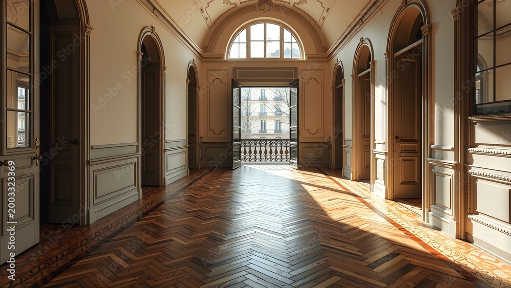 Fototapeta premium Empty Parisian Apartment Hallway Herringbone Parquet Floor Tall Arched Doorways