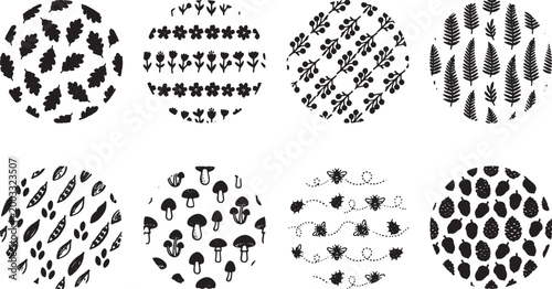 Collection of eight circular patterns featuring natural elements like leaves mushrooms bees and acorns
