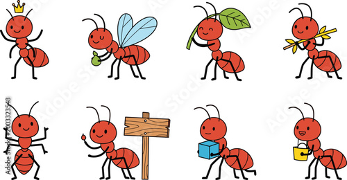 Foto Cute Cartoon Ants Set with Royal, Worker, and Playful Ant Characters Carrying Le