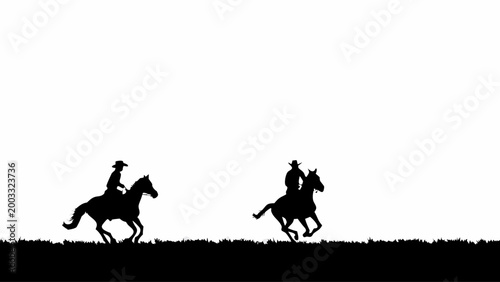 Two cowboys on horseback gallop across a wide, open plain, their dark silhouettes stark against the bright white sky and a defined grassy foreground.